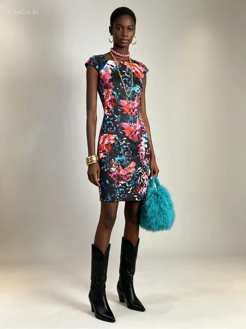 FRENCH CONNECTION graphic floral dress. Cap sleeve fitted statement dress